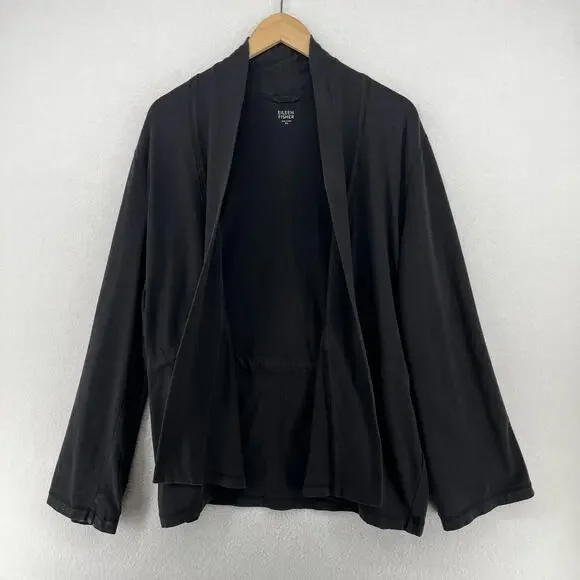 EILEEN FISHER Cardigan XL Stretch Organic Cotton Open Front Washed Black USA - Picture 6 of 16